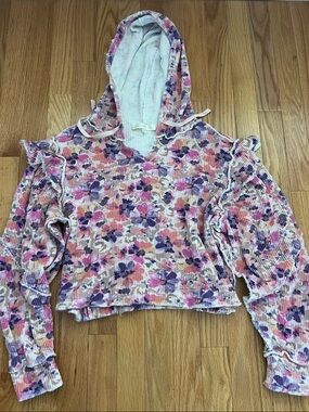 Love Shack Fancy Floral Pink & Purple Cold-Shoulder Hoodie Top